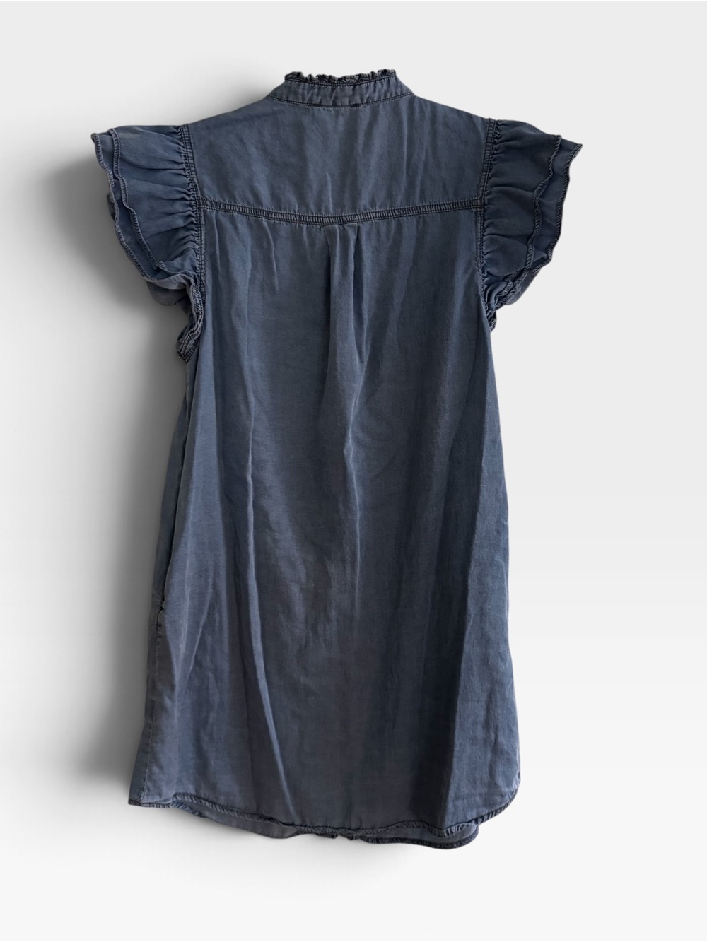 EEsome Blue Chambray Denim Mini Dress Button-up Ruffled Sleeves Western Coastal - Picture 6 of 9